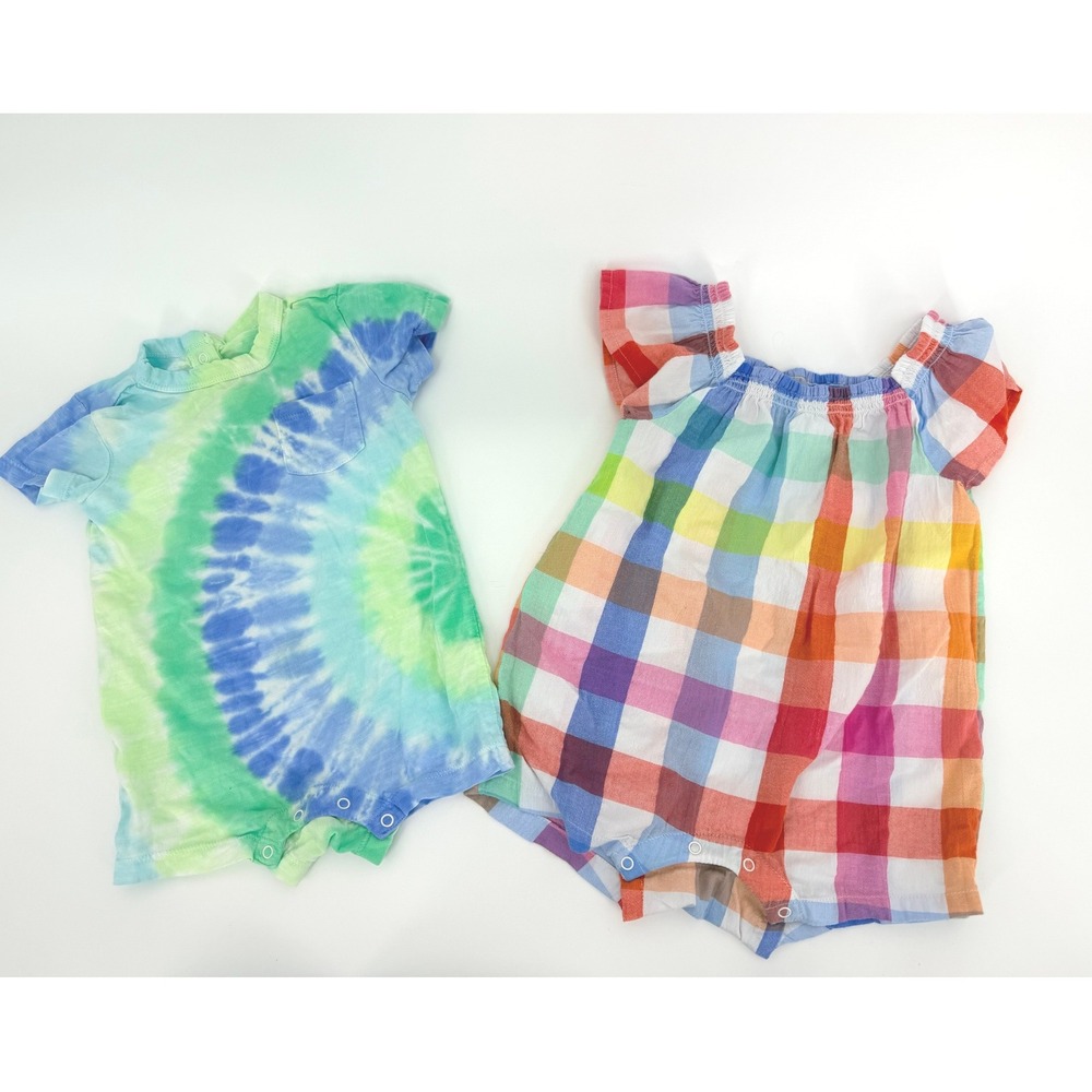 Primary Baby Romper Bundle 6-12M Tie Dye Green Blue Rainbow Gingham Check